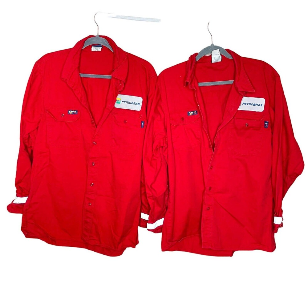 Lot Of 2 Lapco FR Large Mens Red Flame Resistant Collared Button Up Shirt